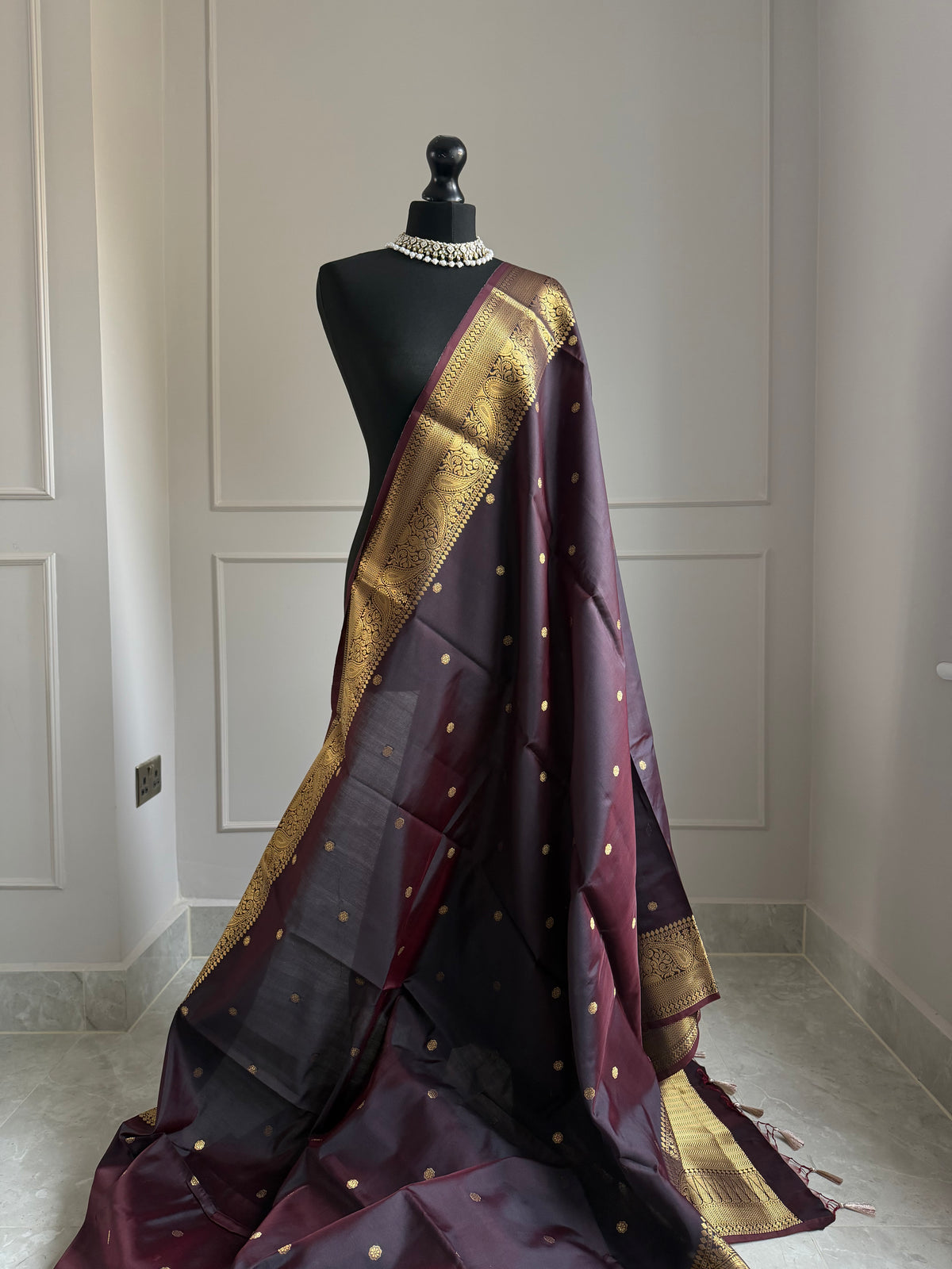 Coffee brown silk saree with gold zari border