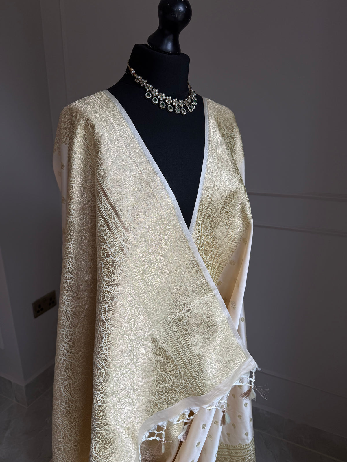 Cream Banarasi Katan Silk Saree with Gold Zari