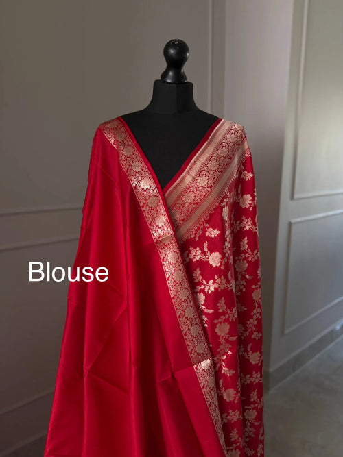 True Red Pure Banarasi Koorai Saree with Gold Zari