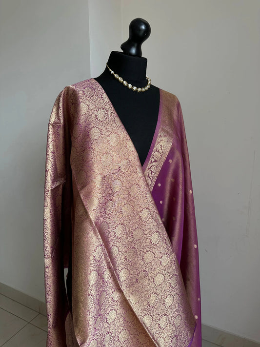 Dual tone magenta and gold semi tissue silk saree. Unstitched brocade blouse. LaiLai Sarees