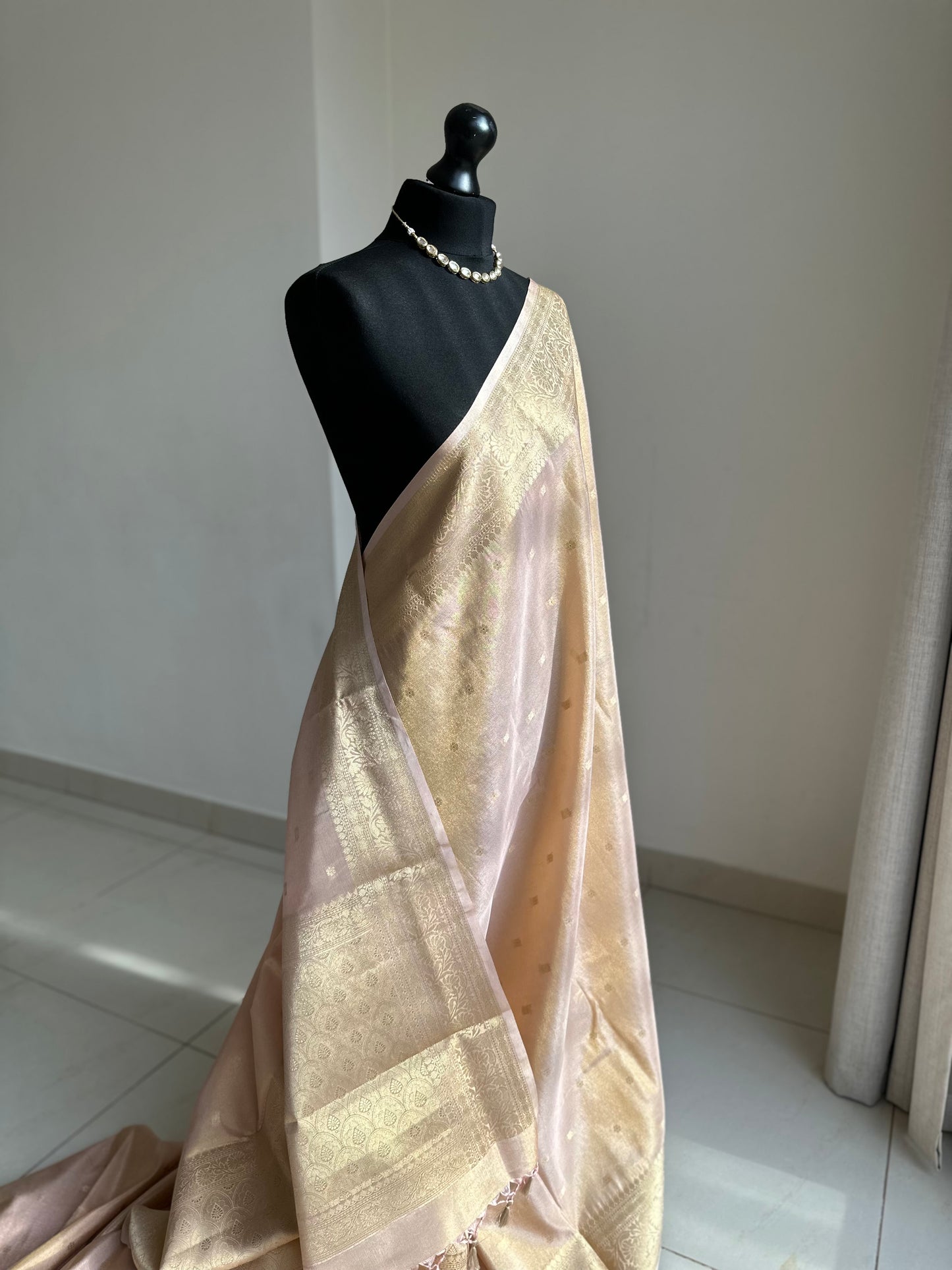 Rose-gold and Gold Tissue Saree: Soft to drape with zari border and buta, Unstitched brocade Blouse, Wedding Events