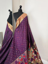 Purple paithani wedding saree. Intricately woven floral design semi silk saree with deep red blouse. LaiLai Sarees