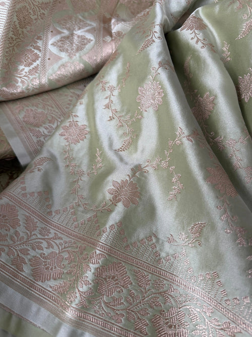 Muted Sage Green Banarasi Saree with Champagne Gold Zari