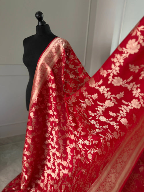 True Red Pure Banarasi Koorai Saree with Gold Zari