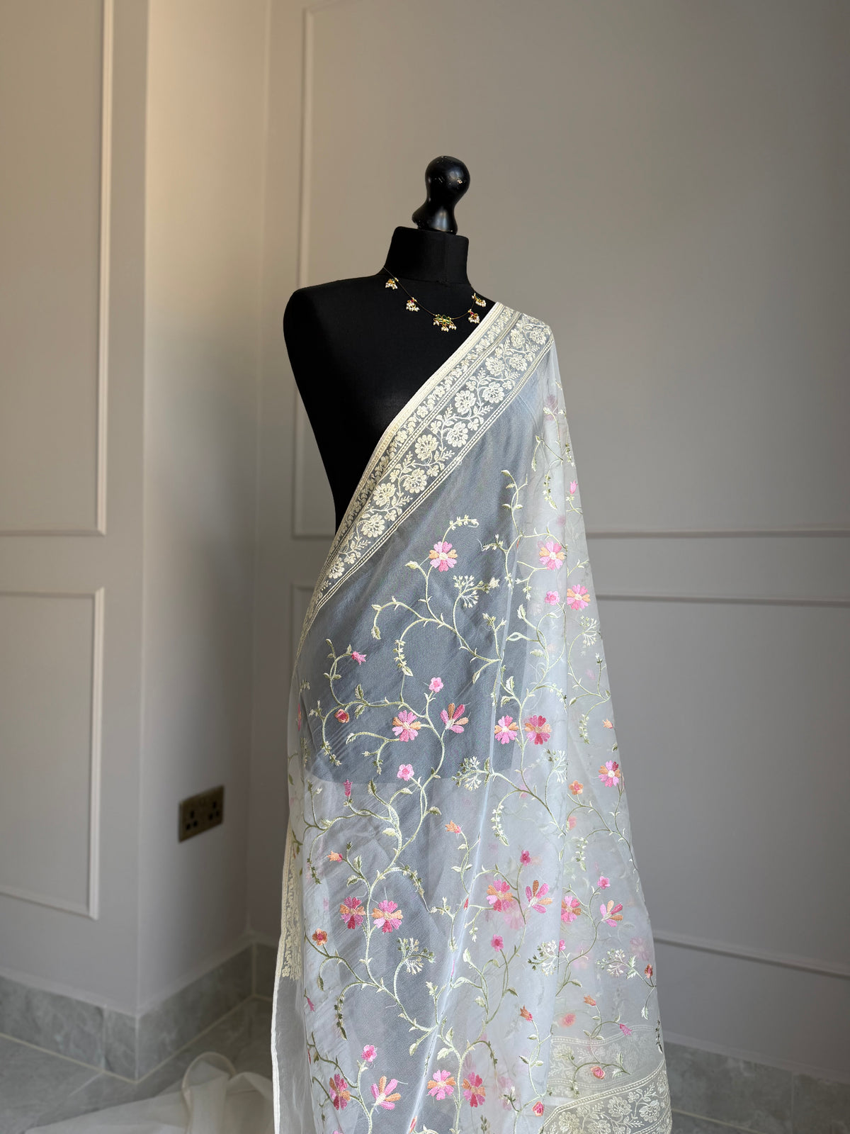 Floral organza saree in cream - LaiLai Sarees