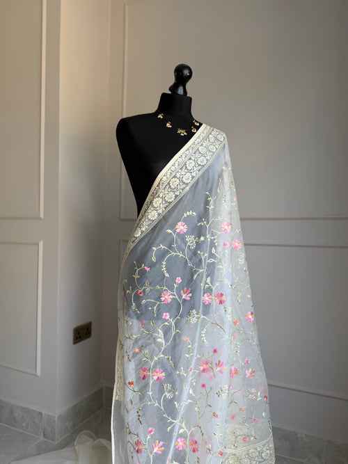 Cream Floral Organza Saree