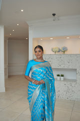 Banarasi silk peacock blue wedding saree with silver zari. Exquisite blue semi silk saree with plain contrast blouse. Stylish elegant saree