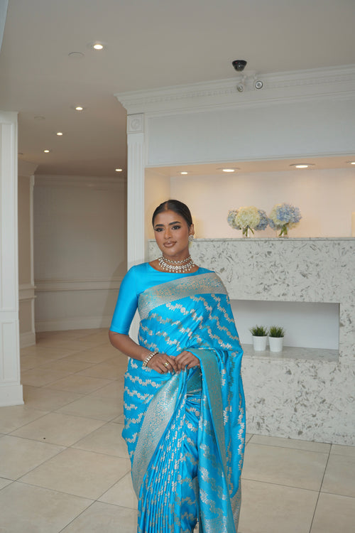 Peacock Blue Banarasi Silk Wedding Saree with Silver Zari
