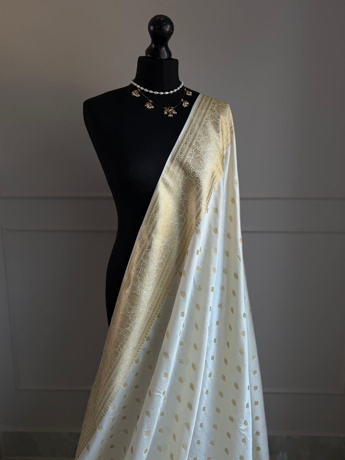 Ivory semi Banarasi katan silk saree with gold zari for bridal and wedding events