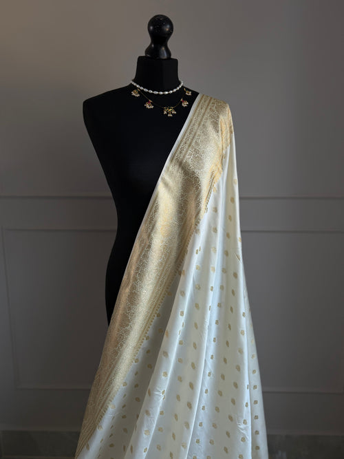 Ivory Banarasi Katan Silk Saree with Gold Zari