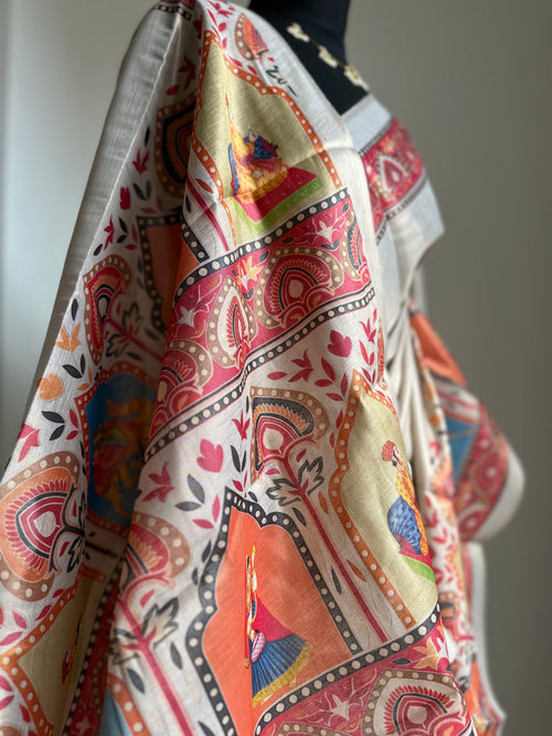 Cream Art Tissue Silk Saree with Kalamkari Border