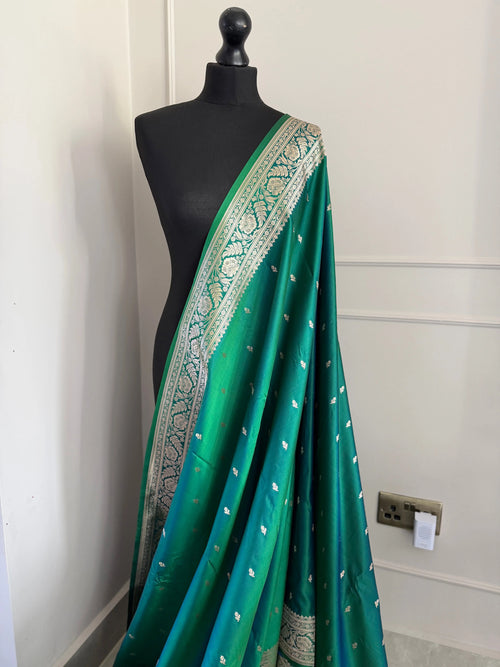Peacock Green and Blue Banarasi Silk Saree with Gold Zari