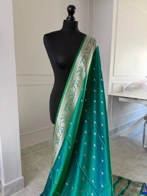 Peacock Green and Blue Banarasi Silk Saree with Gold Zari