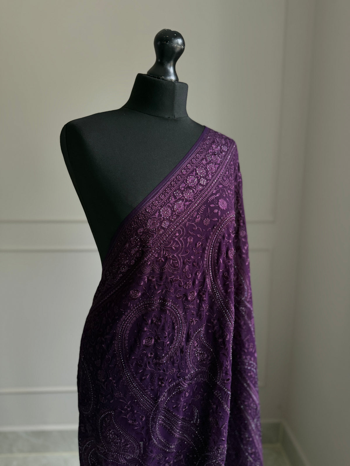 Purple fully embroidered saree with stone work detailing