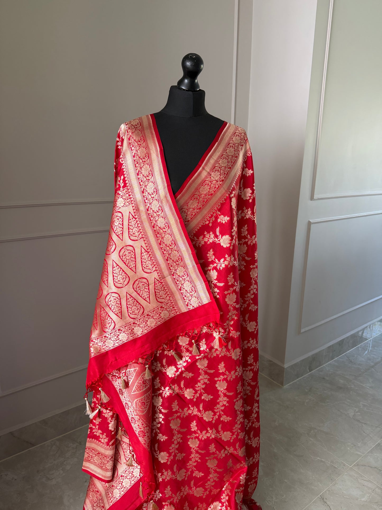 Pure Banarasi silk koorai saree in true red with gold zari handwoven Kadhua wedding saree bridal and festive wear