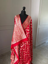 Pure Banarasi silk koorai saree in true red with gold zari handwoven Kadhua wedding saree bridal and festive wear LaiLai Sarees