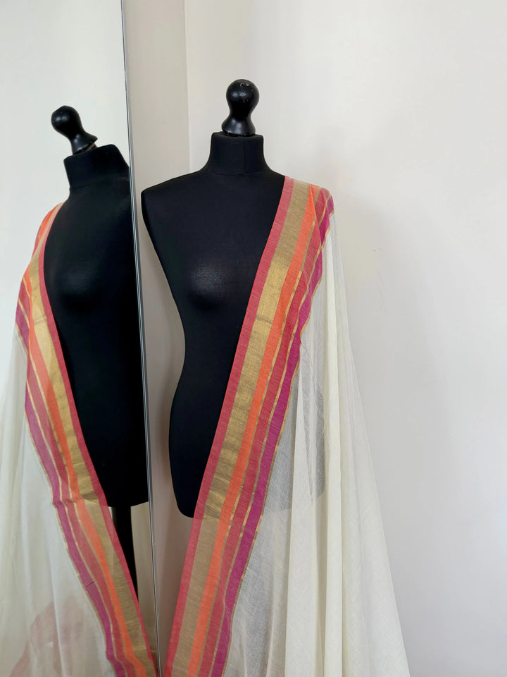 Elegant white pure mul cotton saree with orang and pink zari border LaiLai Sarees
