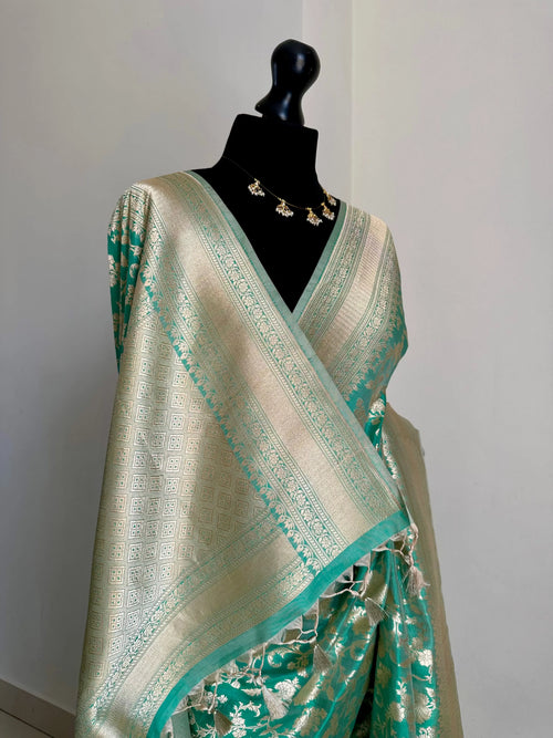 Seafoam Green Pure Silk Banarasi Saree with Gold Zari