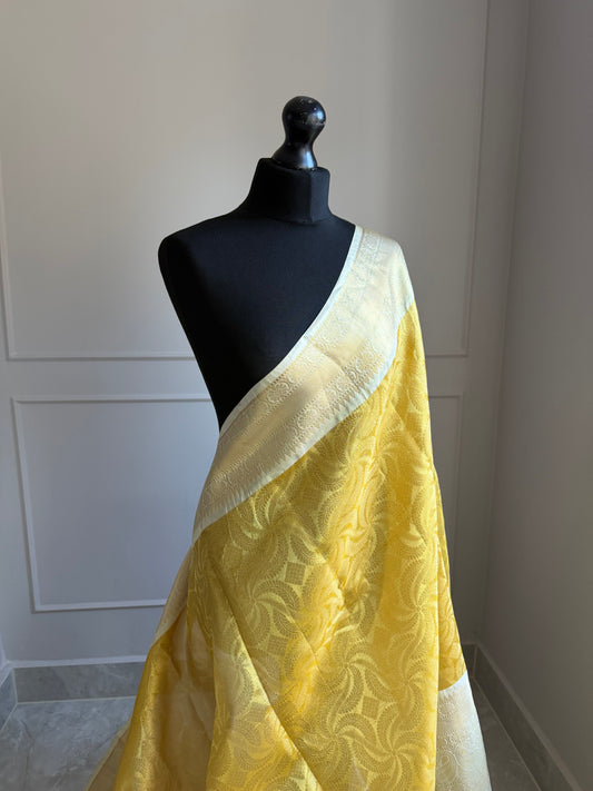 Golden yellow semi tissue silk saree with off white border