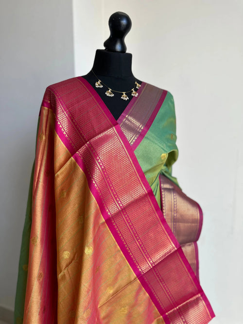 Green and Pink Semi Silk Saree with Gold Zari Border