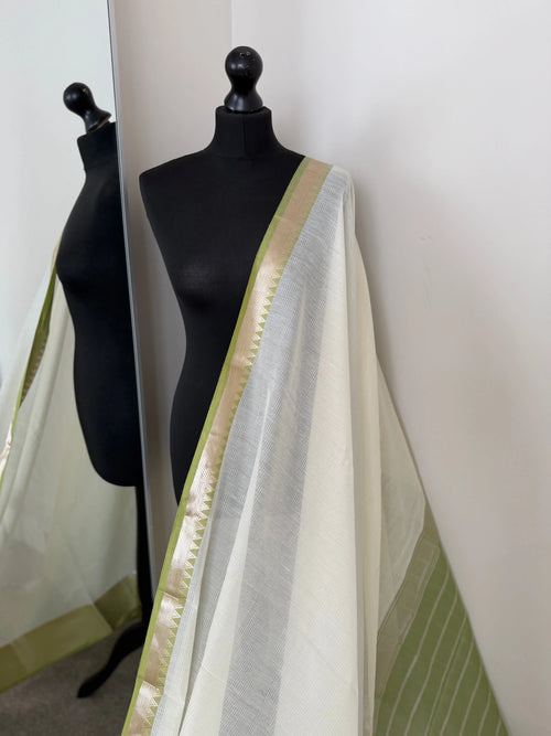 White Cotton Saree with Green Zari Border