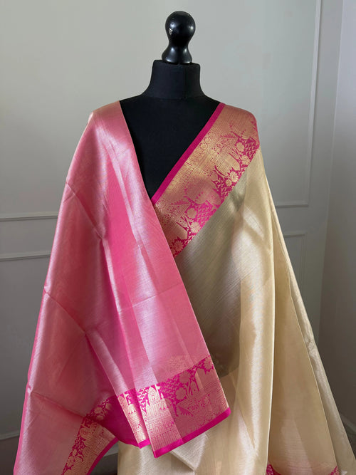 Pink and Cream Soft Tissue Saree with Unstitched Blouse
