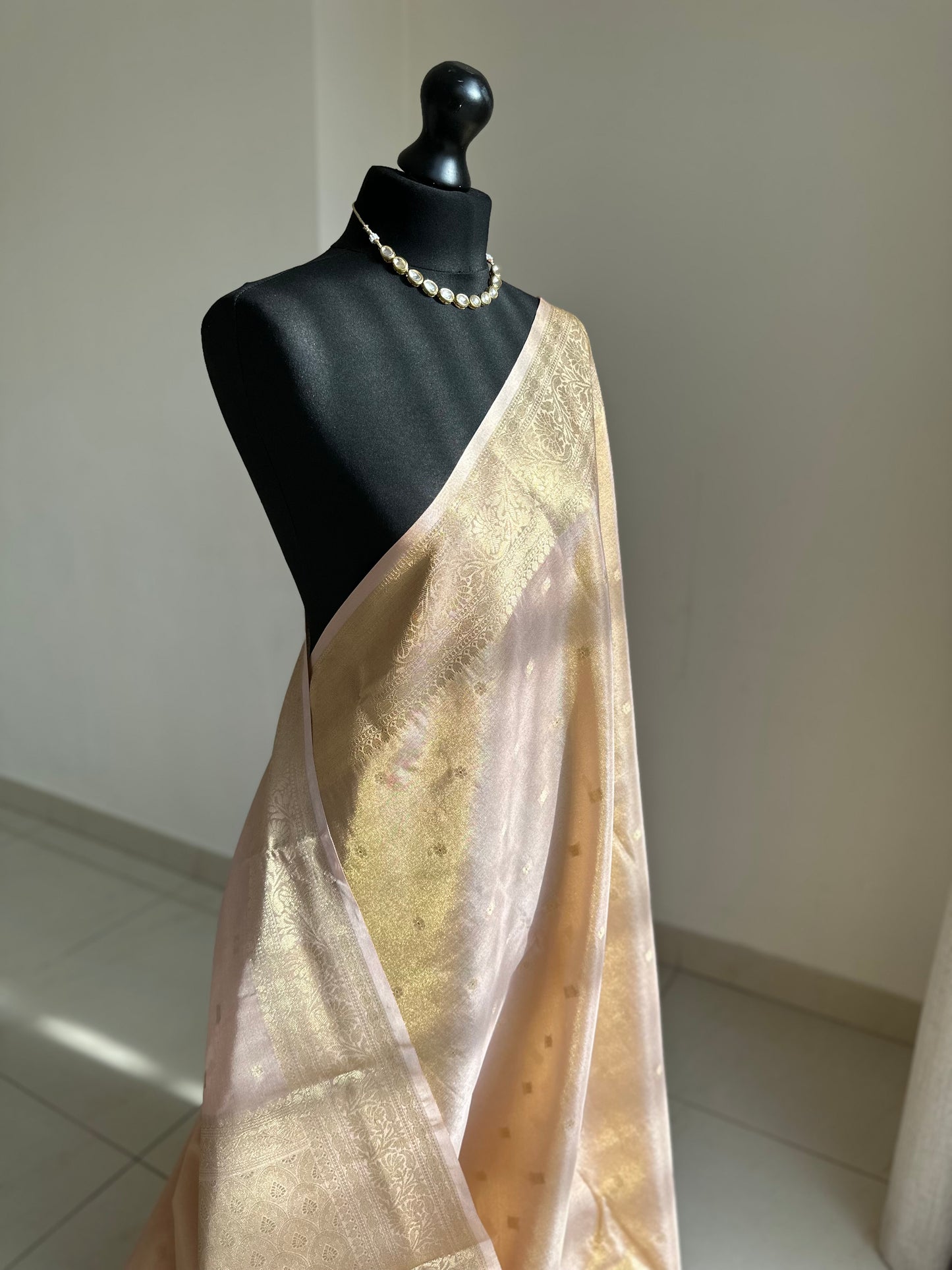 Rose-gold and Gold Tissue Saree: Soft to drape with zari border and buta, Unstitched brocade Blouse, Wedding Events