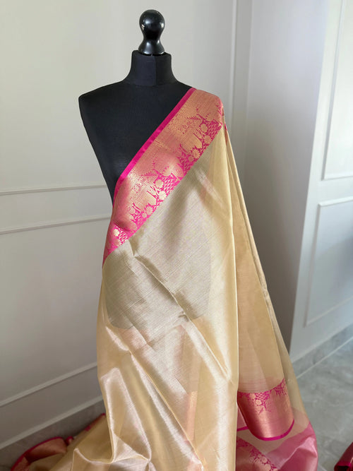 Pink and Cream Soft Tissue Saree with Unstitched Blouse