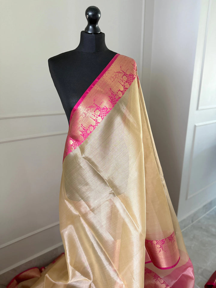 Statement handmade pink and cream soft tissue saree with unstitched blouse. Unique saree look for events LaiLai Sarees