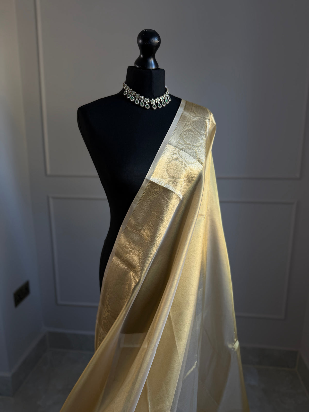 Gold tissue organza with zari border. Soft easy drape saree for all events