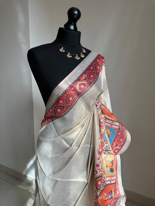 Cream Art Tissue Silk Saree with Kalamkari Border