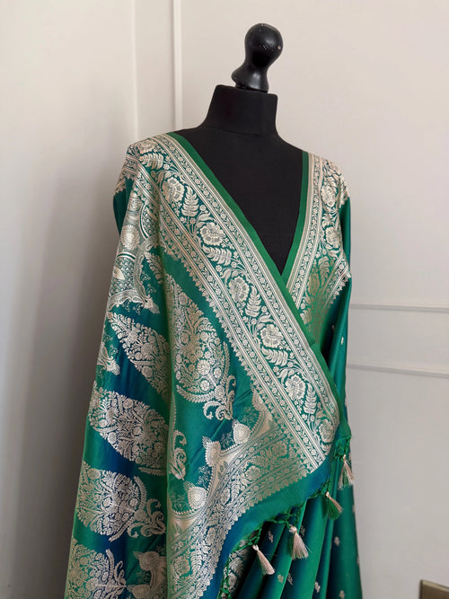 Peacock Green and Blue Banarasi Silk Saree with Gold Zari