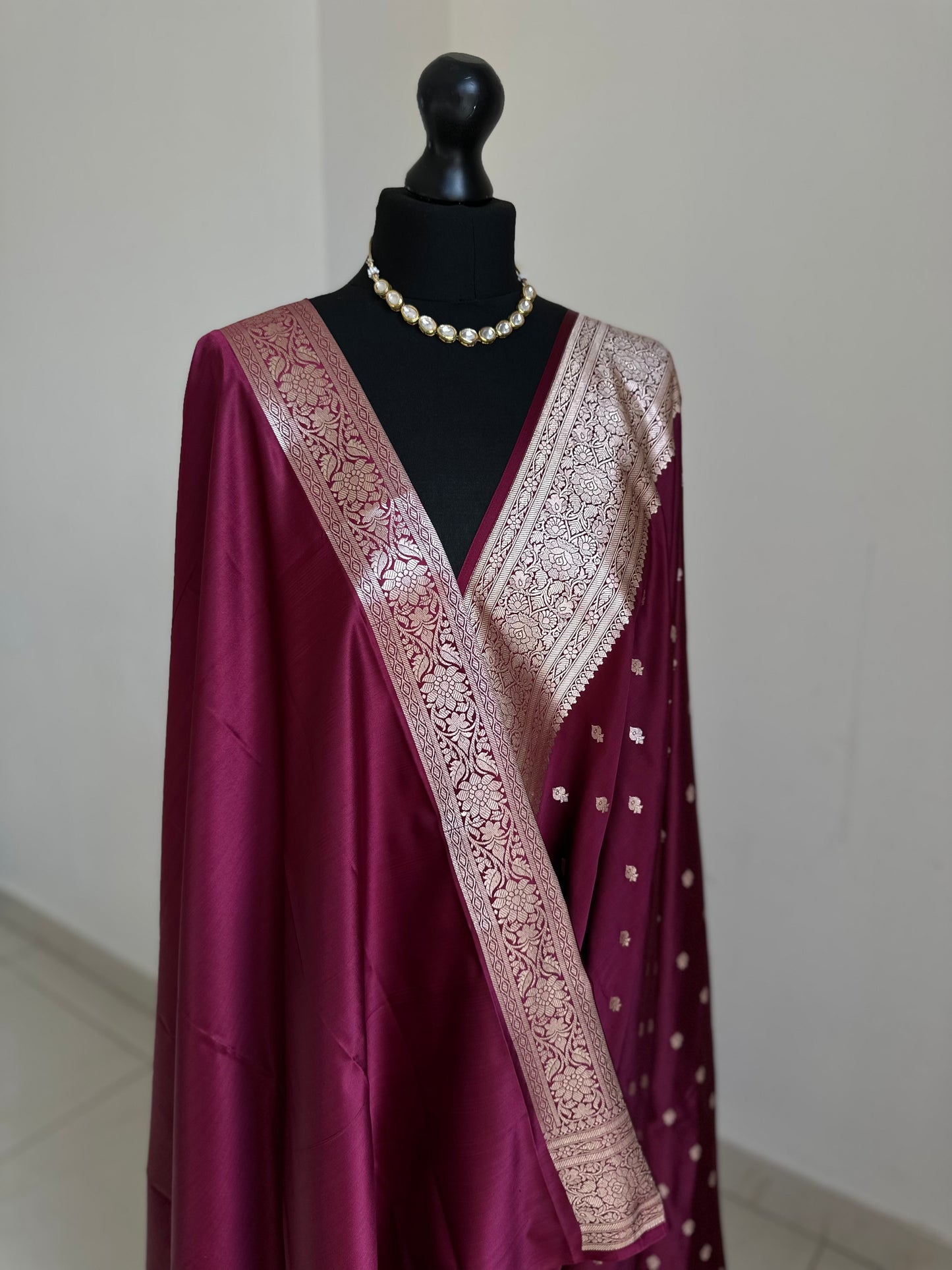 Banarasi silk in wine Wedding Saree with gold Zari. Gold maroon koorai Saree Traditional Saree with plain contrast blouse with Fall Pico