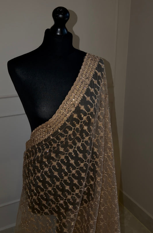 Golden Brown Lace Saree with Zardosi & Stone Work