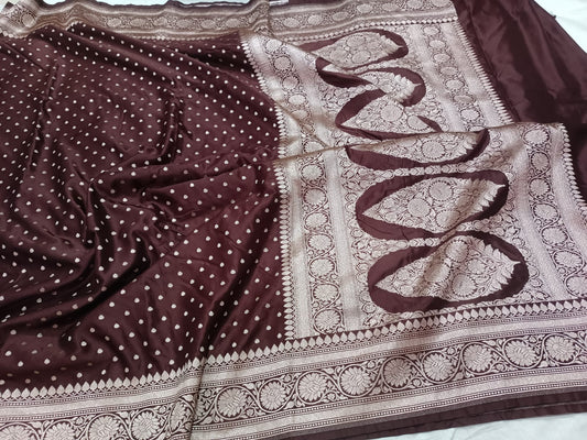 Chocolate brown Banarasi wedding saree with gold Zari.