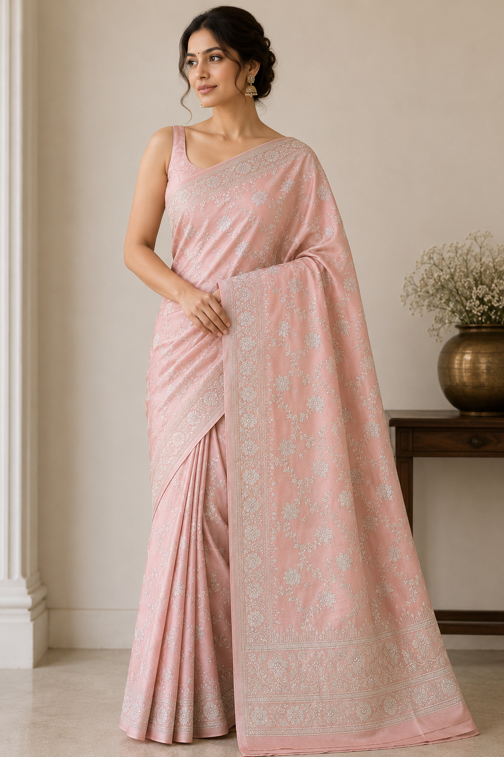 Elegant muted peach pink Banarasi Saree with champagne gold Zari