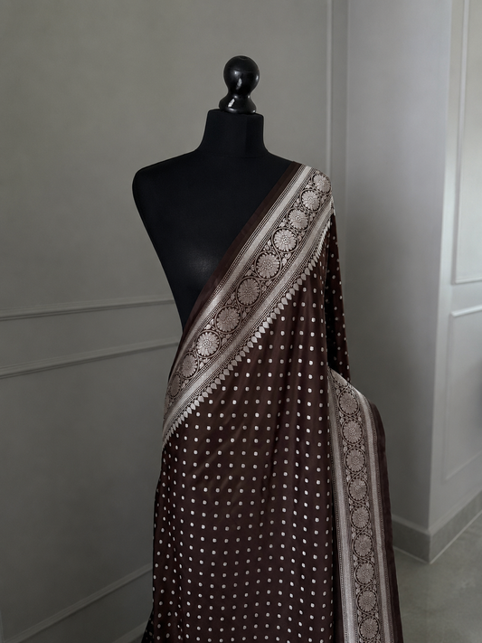 Chocolate Brown Banarasi Wedding Saree with Gold Zari