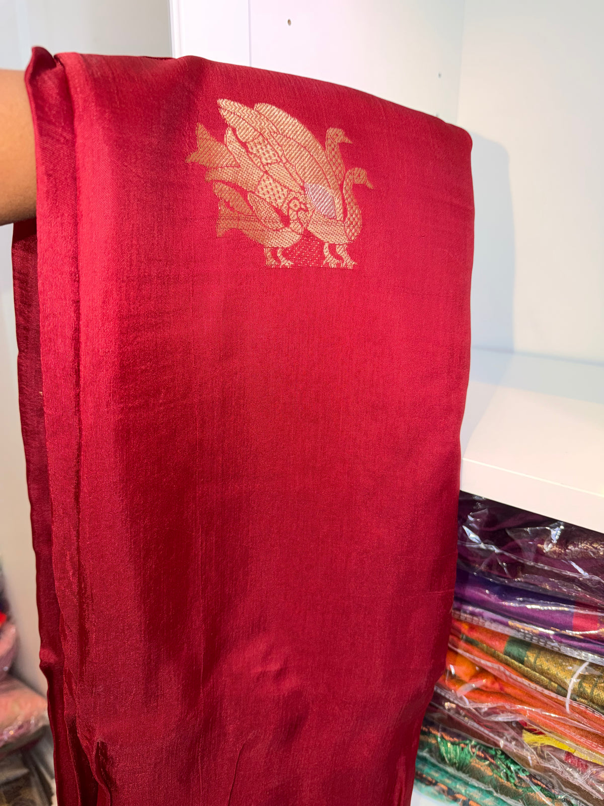 Red Semi Silk Saree with Peacock Zari Border