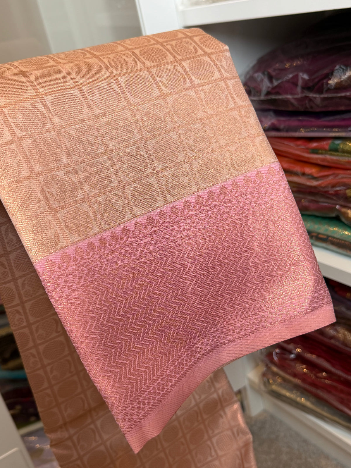 Peach rose-gold silk saree