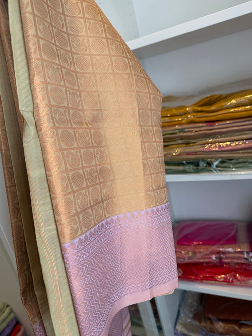 Champagne Gold Saree with Dusty Mauve Border | Silk Saree | Indian Wedding Saree | Party Wear Saree | Festive Saree