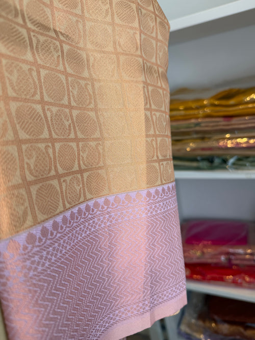Champagne Gold Saree with Dusty Mauve Border | Silk Saree | Indian Wedding Saree | Party Wear Saree | Festive Saree