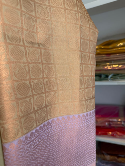 Champagne Gold Saree with Dusty Mauve Border | Silk Saree | Indian Wedding Saree | Party Wear Saree | Festive Saree