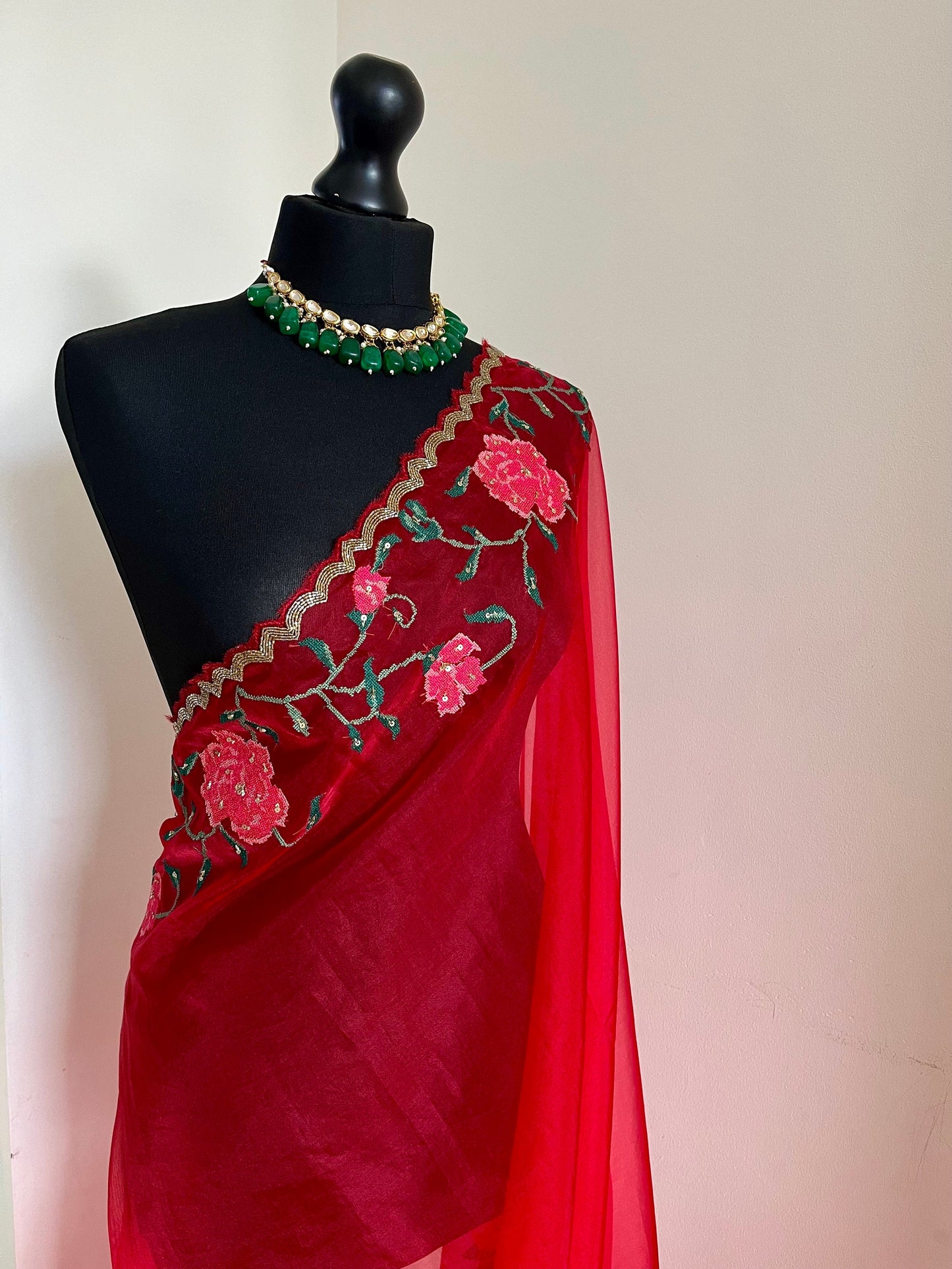 Beautiful soft red organza saree embroidered stone work preshoot saree. Fall colour palette saree for parties contrast blouse unstitched