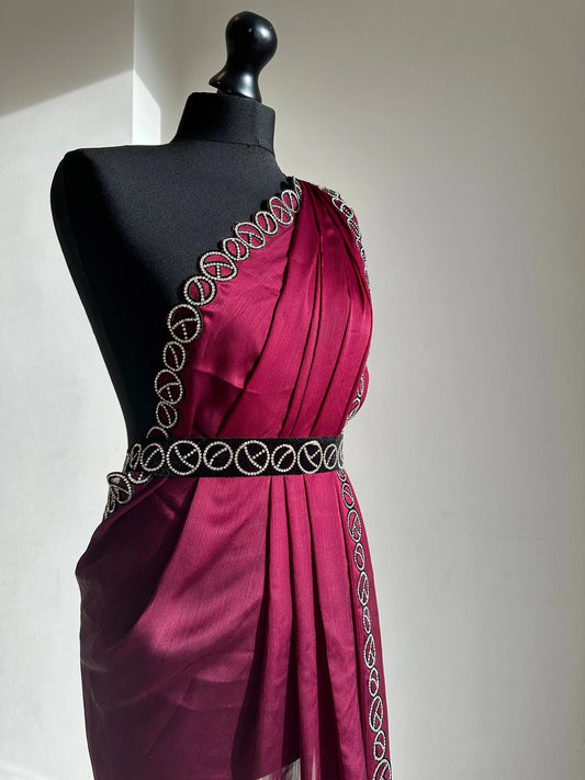 Belted party saree in wine - LaiLai Sarees