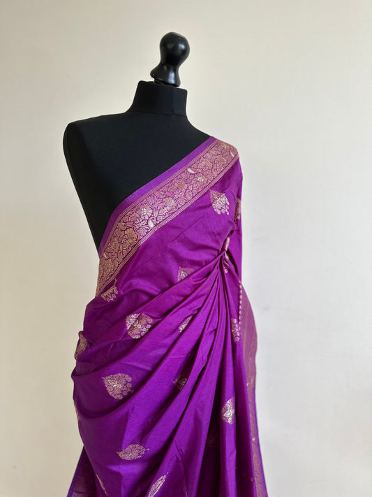 Magenta saree with gold and silver motifs. Modern and traditional silk saree beautiful colour and design. Designer saree