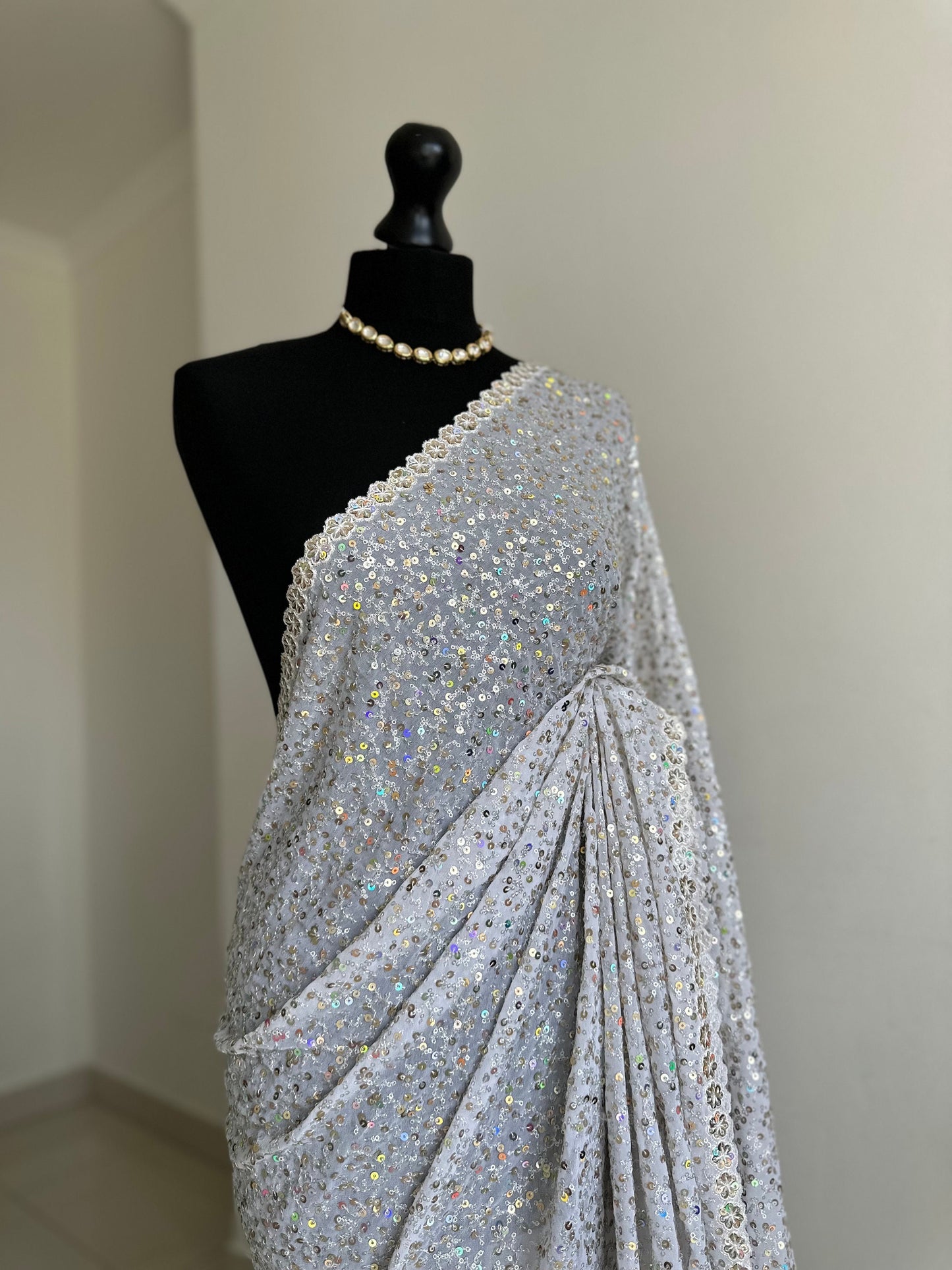 White elegant bridal saree with sequins. Wedding guest civil wedding party wear saree with iridescent sequins all over. Comes with belt