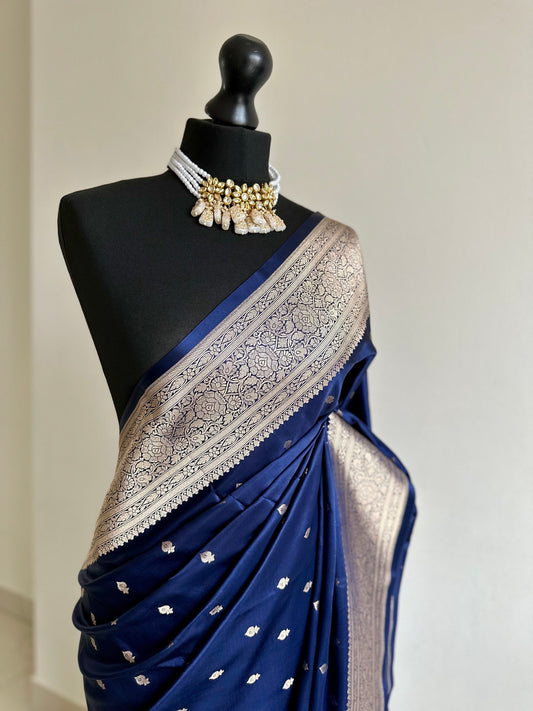 Banarasi silk navy blue Wedding Saree with gold Zari. Gold and blue Saree Traditional Saree with plain contrast blouse. Regal look saree