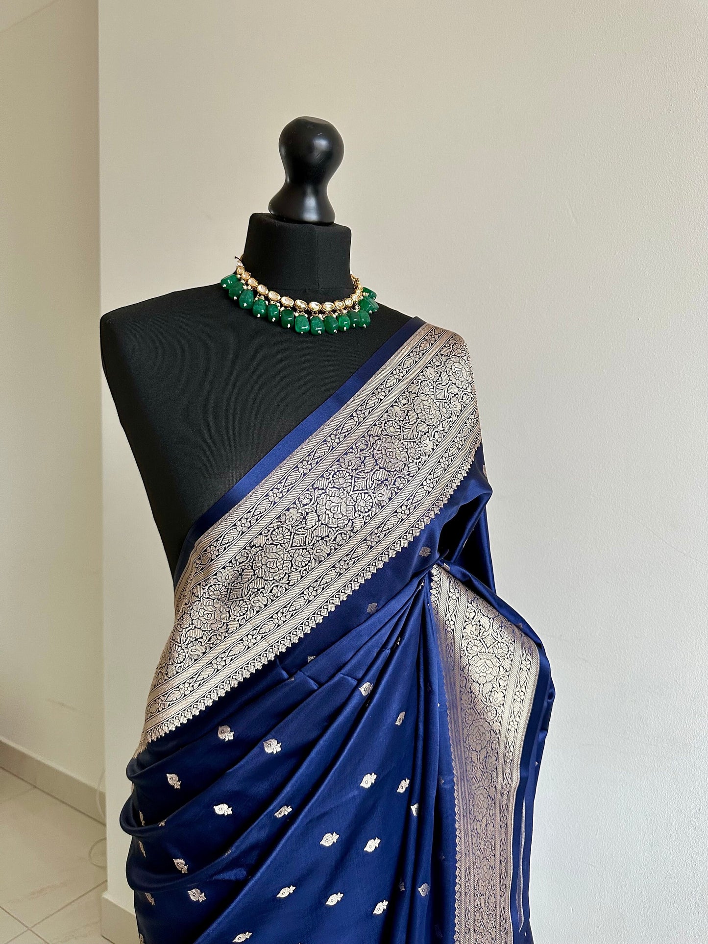 Banarasi silk navy blue Wedding Saree with gold Zari. Gold and blue Saree Traditional Saree with plain contrast blouse. Regal look saree