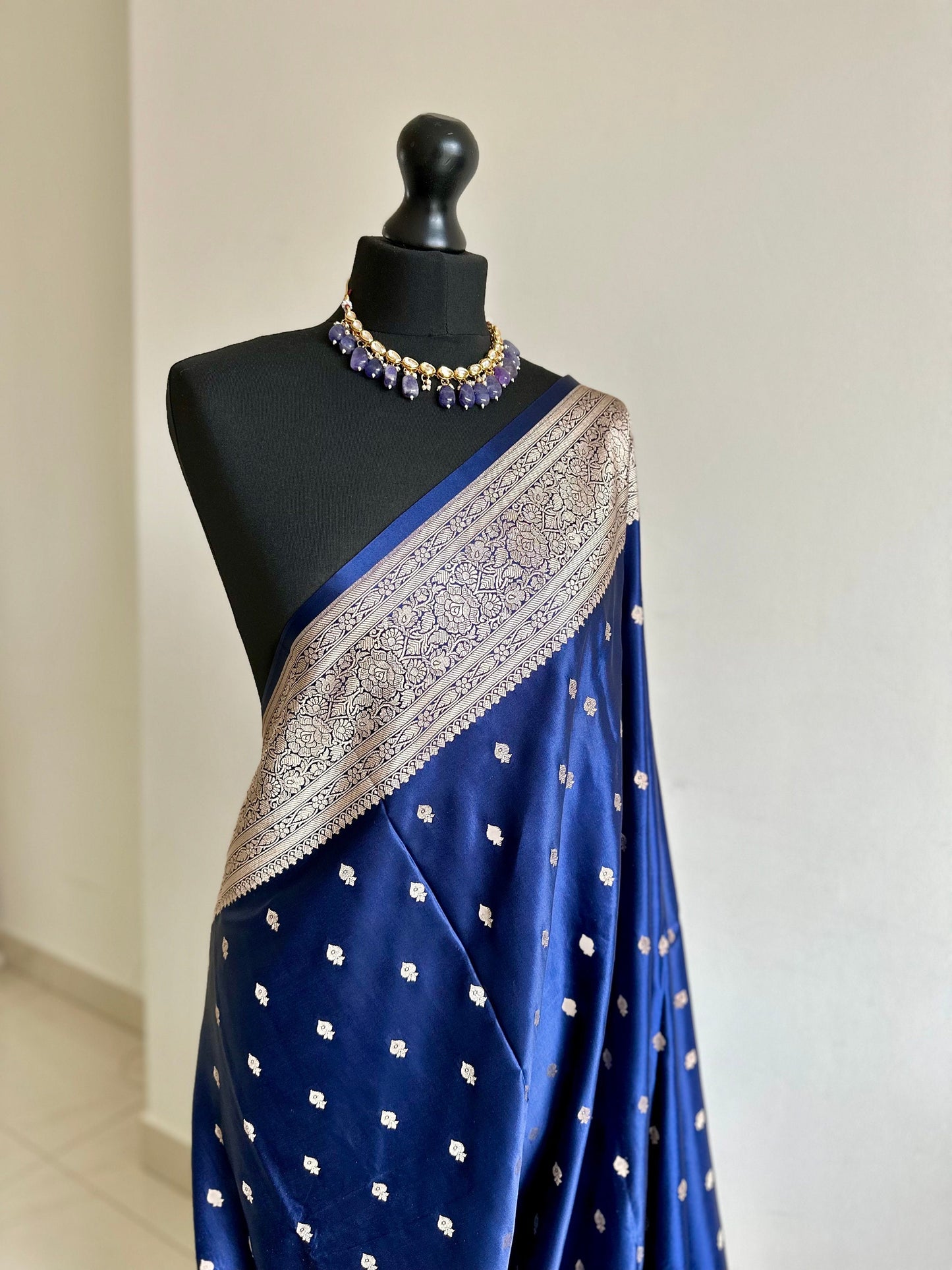 Banarasi silk navy blue Wedding Saree with gold Zari. Gold and blue Saree Traditional Saree with plain contrast blouse. Regal look saree