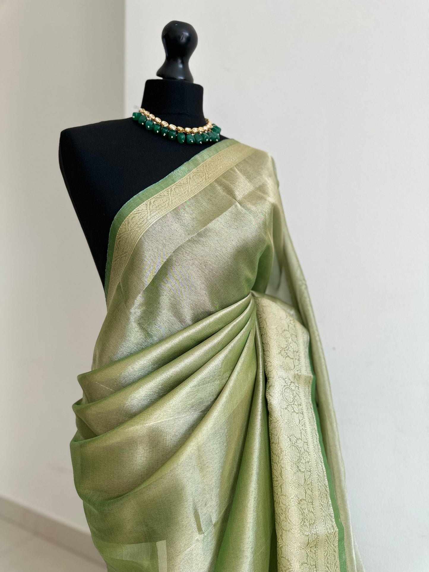 Apple green shimmer soft tissue saree with border and unstitched blouse. Soft green wedding guest party traditional saree unique saree look